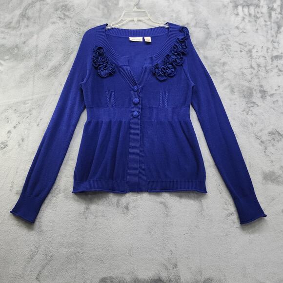 DKNY Sweater Womens M Blue 3 Button up Cardigan Embellished Detail Cotton Preppy - Picture 1 of 11